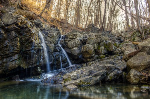 A serene waterfall cascades over rocky terrain, surrounded by bare trees and a tranquil pool of water.