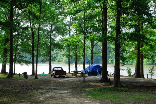 A serene campsite by a lake, featuring a blue tent, picnic table, and a red truck surrounded by lush green trees.