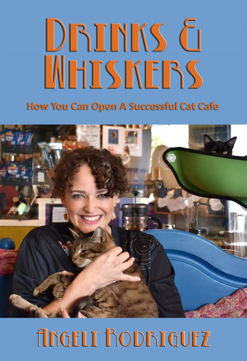 A woman holds a cat while smiling, with a cat cafe backdrop and the title "Drinks & Whiskers" prominently displayed.