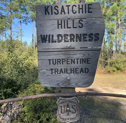 Wooden sign for Kisatchie Hills Wilderness, Turpentine Trailhead, with U.S. Forest Service emblem. Surrounded by trees.