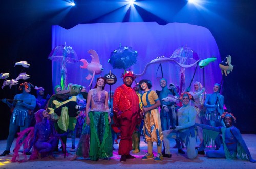 A colorful stage performance featuring actors in vibrant sea creature costumes, with umbrellas and playful props.
