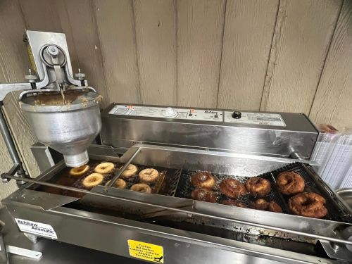 A commercial donut fryer with several freshly cooked donuts resting on a cooling rack.