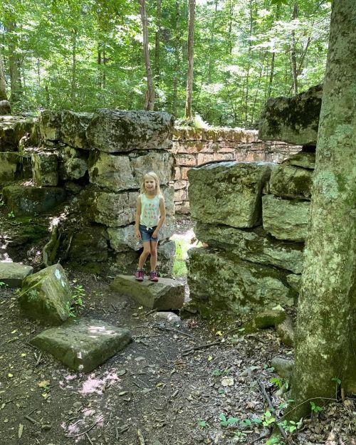A child stands on a rock near a stone wall in a lush green forest. Sunlight filters through the trees.