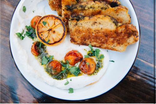 A plate with creamy dip, roasted tomatoes, grilled lemon slices, and toasted bread, garnished with fresh herbs.