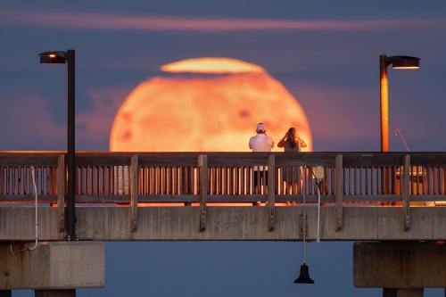 A couple sits on a pier, silhouetted against a large, glowing sunset. Streetlights illuminate the scene.
