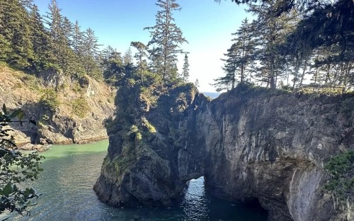 A scenic coastal view featuring a rocky arch surrounded by lush trees and clear blue water under a bright sky.