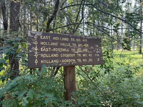 Wooden trail sign in a forest, indicating directions and distances to various hiking trails.