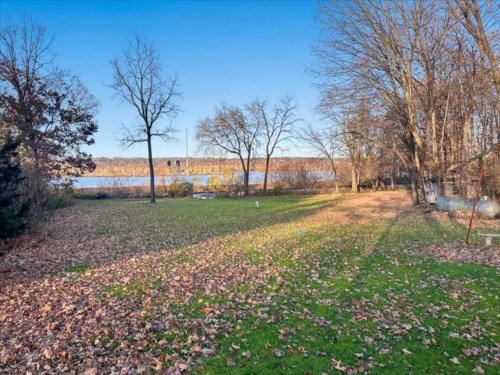 A serene landscape featuring a grassy area covered in fallen leaves, with trees and a river in the background under a clear sky.
