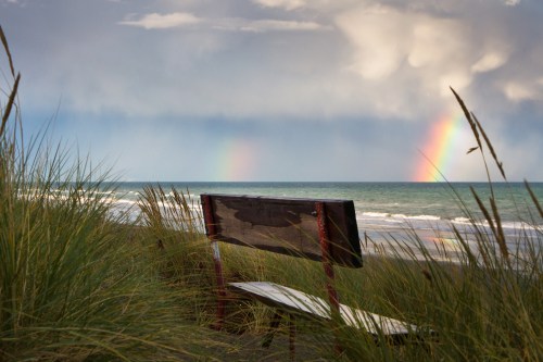 A weathered bench on a beach, surrounded by tall grass, with a rainbow visible over the ocean in the background.