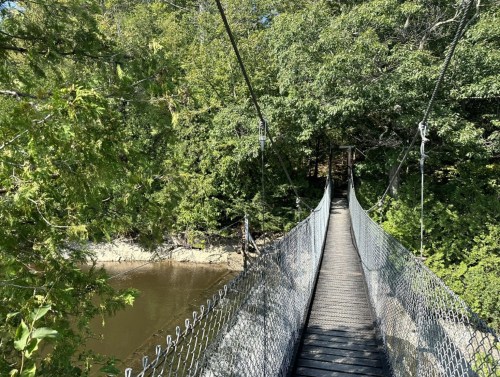 A suspension bridge stretches over a calm river, surrounded by lush green trees and foliage.