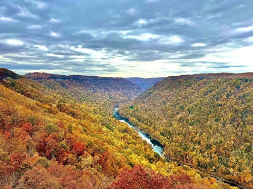 A scenic view of a river winding through a valley surrounded by vibrant autumn foliage under a cloudy sky.