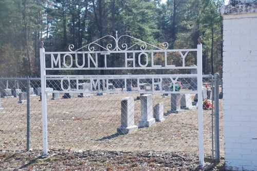 Sign for Mount Holly Cemetery, with a fenced area containing gravestones and surrounding trees.