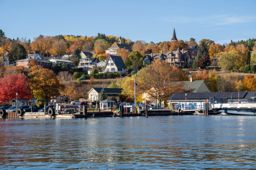 A scenic view of a waterfront town with colorful autumn trees and historic buildings on a hillside.