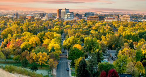 An aerial view of Boise, Idaho, on an autumn day.