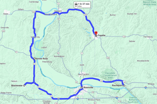Map showing a route from Blackwater to Fayette, highlighting a 69-mile journey taking approximately 1 hour and 27 minutes.