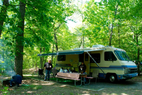 A camper van parked in a lush green forest, with people cooking and relaxing at a picnic table.