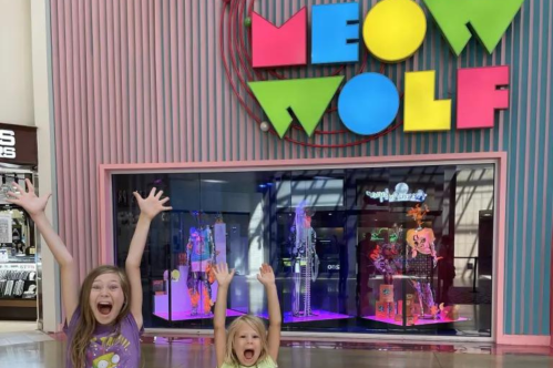Two excited children with raised arms stand in front of a colorful "Meow Wolf" sign and a vibrant display window.