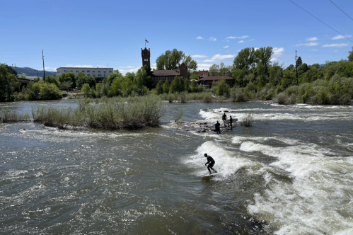 A surfer rides a wave in a river, with trees and a building in the background under a clear blue sky.