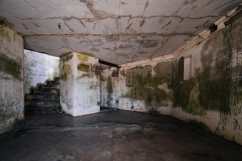 An empty, dimly lit room with cracked walls and green moss, featuring a staircase leading to an upper level.