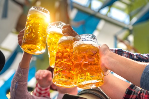 Cheers with raised beer mugs in a festive setting, sunlight shining through, creating a warm atmosphere.