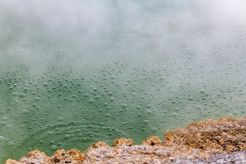 A close-up of a green geothermal pool with bubbles rising to the surface, surrounded by rocky edges and steam.