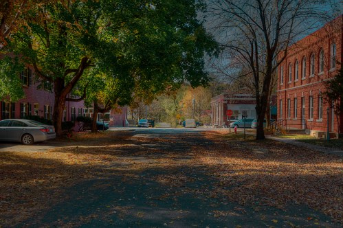 A quiet street lined with trees and brick buildings, covered in autumn leaves under a clear sky.