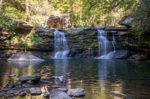 A serene waterfall cascades over rocks into a calm pool, surrounded by lush greenery and trees.