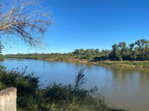 A calm river flows through a lush landscape under a clear blue sky, with trees lining the banks.