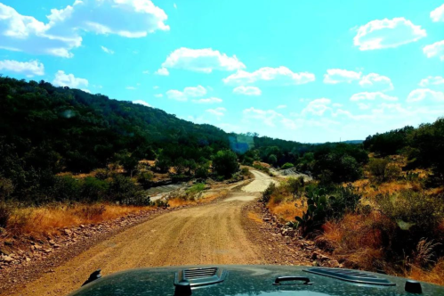A dirt road winds through a sunny landscape with hills, greenery, and scattered clouds in a blue sky.