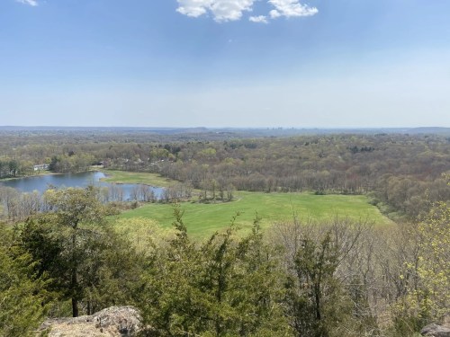 A panoramic view of lush green fields and a lake surrounded by trees under a clear blue sky.