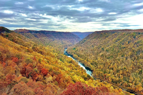 A scenic view of a river winding through vibrant autumn-colored hills under a cloudy sky.