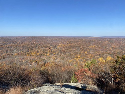 A panoramic view of a colorful autumn landscape with rolling hills and clear blue sky.