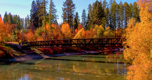 A long bridge is surrounded by red, yellow, and orange fall foliage.