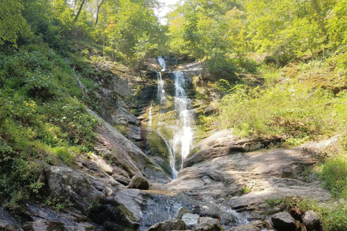 A serene waterfall cascading down rocky terrain, surrounded by lush green trees and foliage.