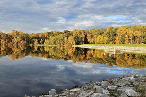 A serene lake reflecting colorful autumn trees under a cloudy sky, with rocks in the foreground.
