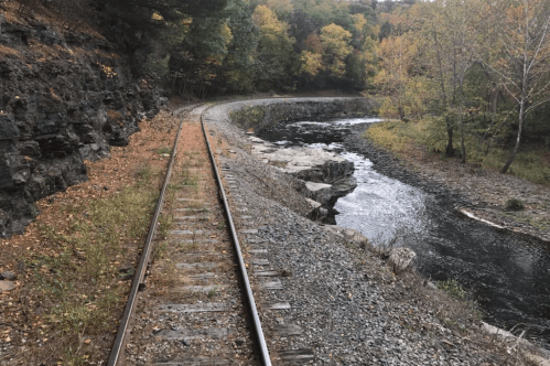 A winding railway track beside a river, surrounded by autumn foliage and rocky terrain.