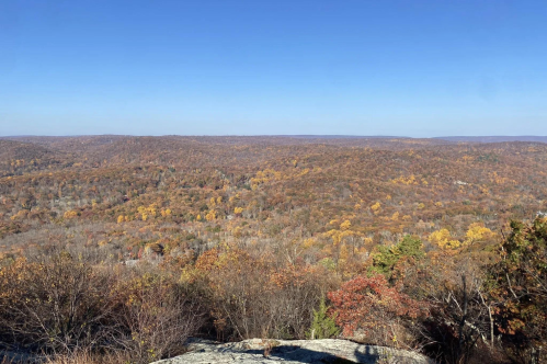 A panoramic view of a colorful autumn landscape with rolling hills and trees in shades of orange, yellow, and green.