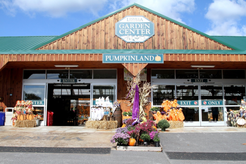 Entrance of Linvilla Garden Center with fall decorations and pumpkins displayed outside. Bright blue sky above.