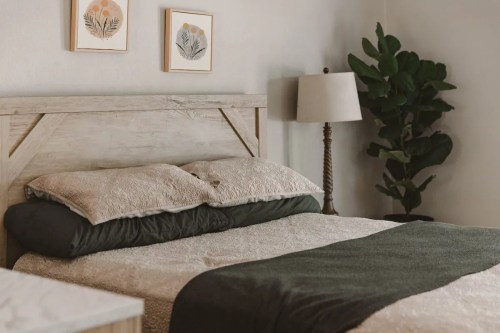 Cozy bedroom featuring a wooden bed, decorative pillows, a lamp, and a potted plant against a light wall.