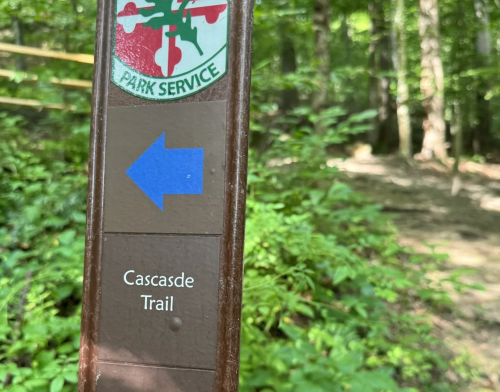 Trail sign for Cascade Trail with a blue arrow pointing left, surrounded by lush green foliage.