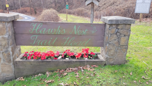 Sign for "Hawks Nest Trail Head" with flowers in front, set in a wooded area.