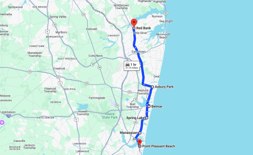 Map showing a route from Red Bank to Point Pleasant Beach, highlighting a 21.4-mile drive along the New Jersey coast.