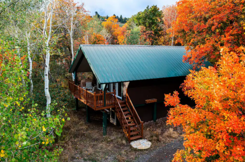 A cozy cabin surrounded by vibrant autumn foliage and trees, featuring a green metal roof and wooden deck.