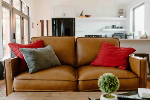 A cozy living room with a brown leather couch, red and gray pillows, and a small potted plant on a coffee table.