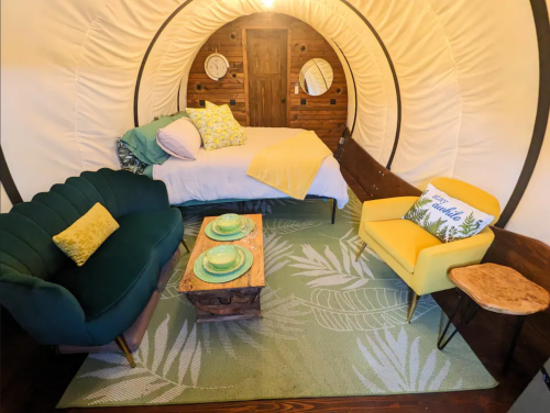 Cozy interior of a glamping tent featuring a bed, green sofa, yellow chair, and tropical-themed decor.