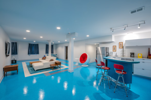 Recreation room in converted church vacation rental in Denver, Colorado