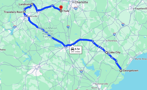 Map showing a route from Georgetown to York, SC, with key locations and a travel time of 6 hours over 341 miles.