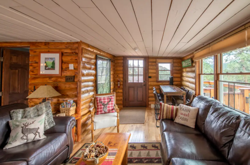 Cozy log cabin interior with wooden walls, a welcoming entrance, and comfortable seating. Natural light fills the space.
