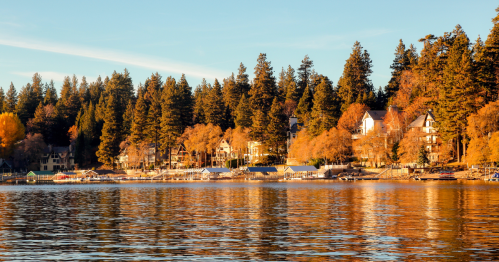 Lake Arrowhead, California, is surrounded by fall foliage.