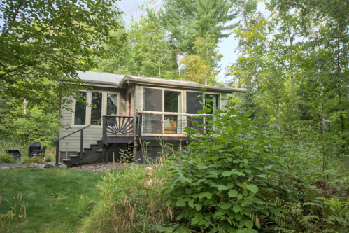 A cozy cabin surrounded by lush greenery and trees, featuring a deck and large windows.